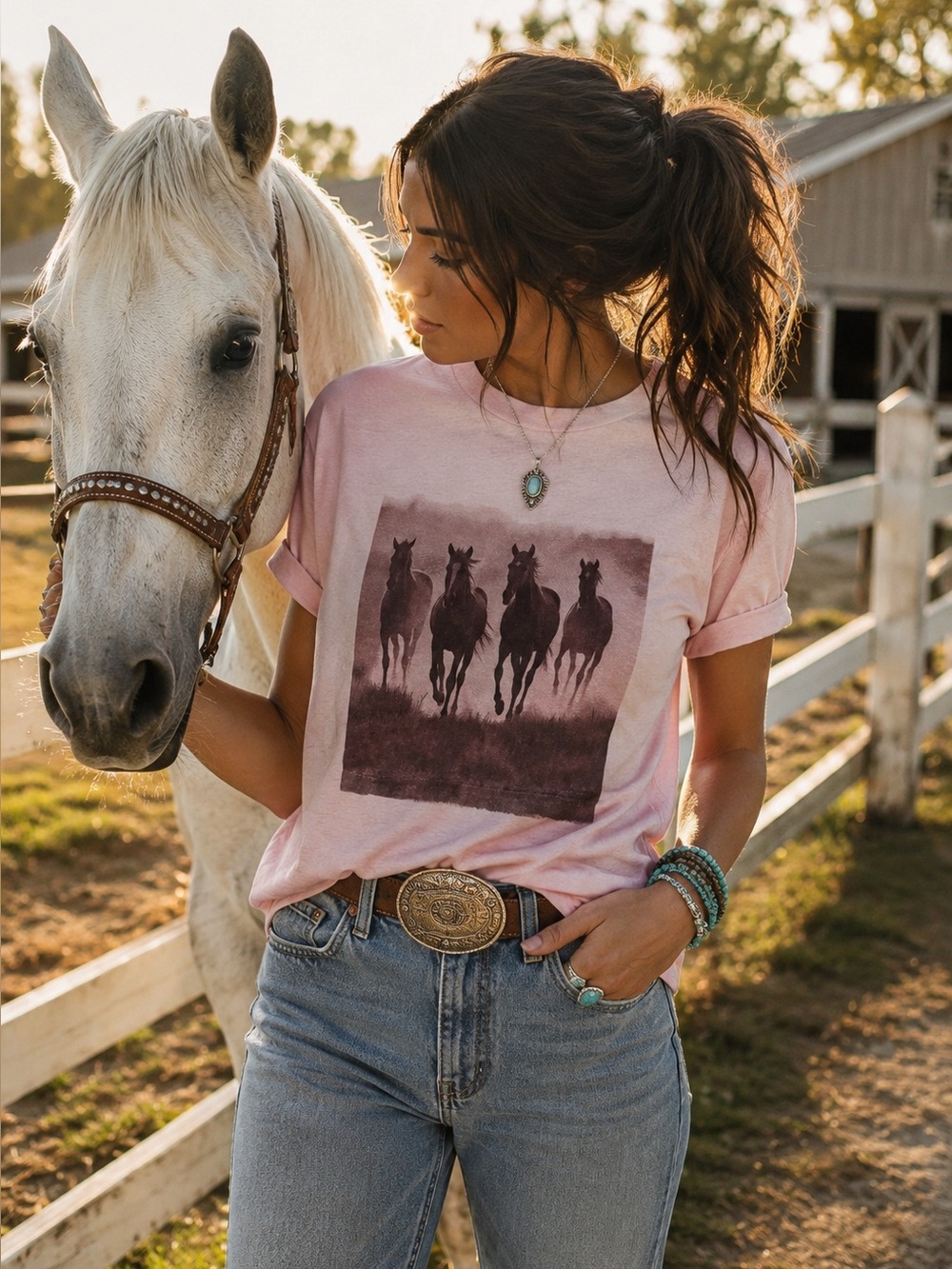 Western Running Horses Graphic Tee Pink Cowgirl Nashville Concert Top